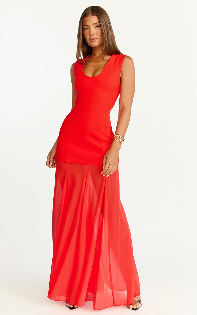 Frances Maxi Dress - Contrast U Neck Godet A Line Dress in Red