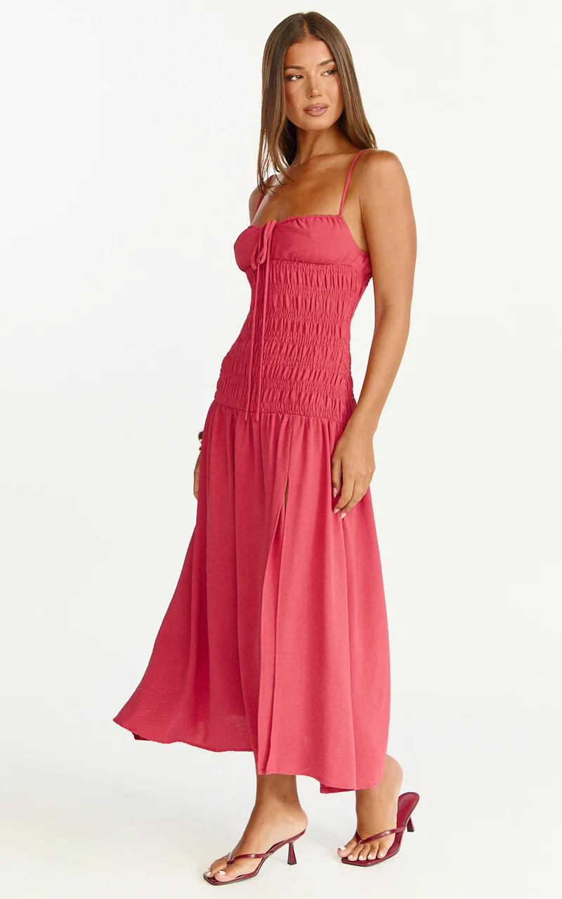 Eloise Midi Dress - Shirred Bodice Split Leg A Line Dress in Rose
