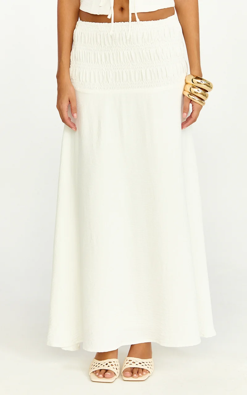 Bianca Midi Skirt - Shirred Yoke Circle Hem Skirt in White