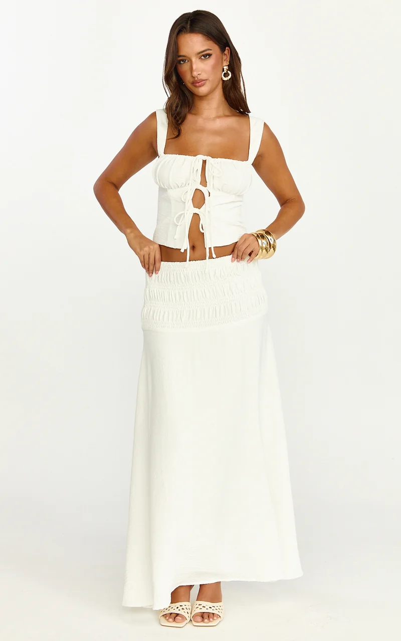 Bianca Midi Skirt - Shirred Yoke Circle Hem Skirt in White