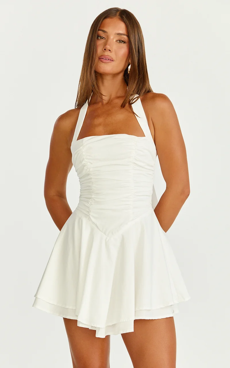 Anya Mini Dress - Halter Neck Gathered Top Drop Waist Fit And Flare Dress in White