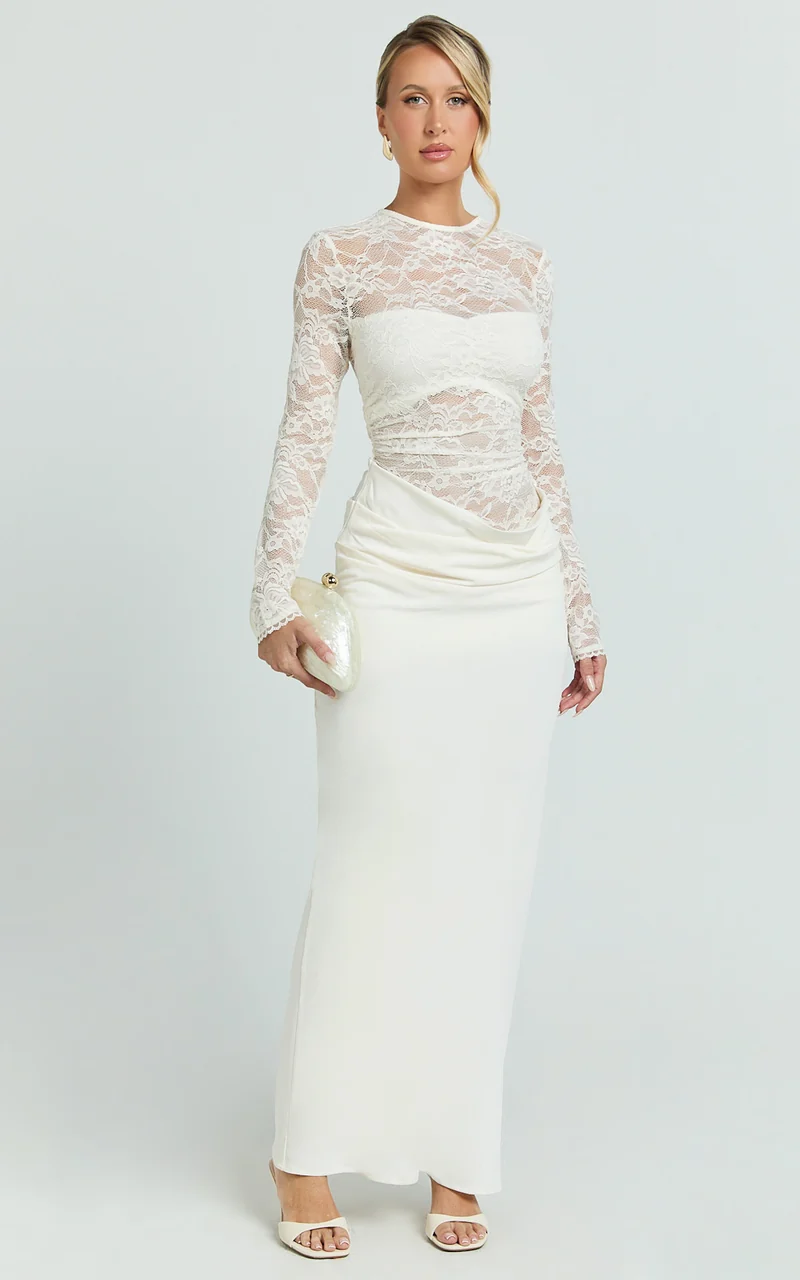 Crisanta Maxi Dress - Long Sleeve Contrast Lace Bodycon Dress in Ivory
