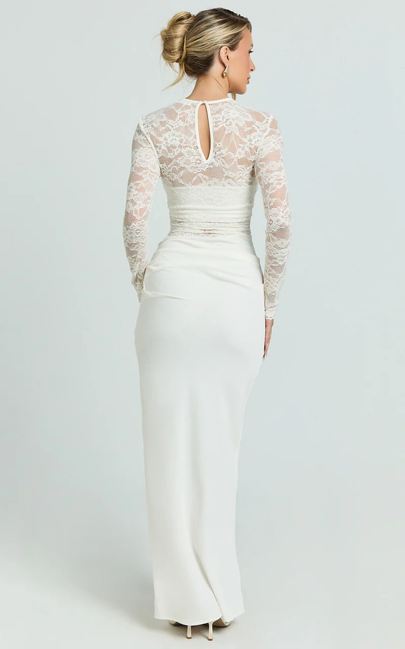 Crisanta Maxi Dress - Long Sleeve Contrast Lace Bodycon Dress in Ivory