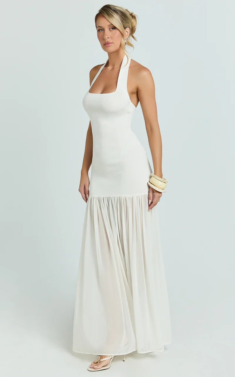 Barbara Maxi Dress - Halter Scoop Neck Contrast Georgette Dress in Ivory