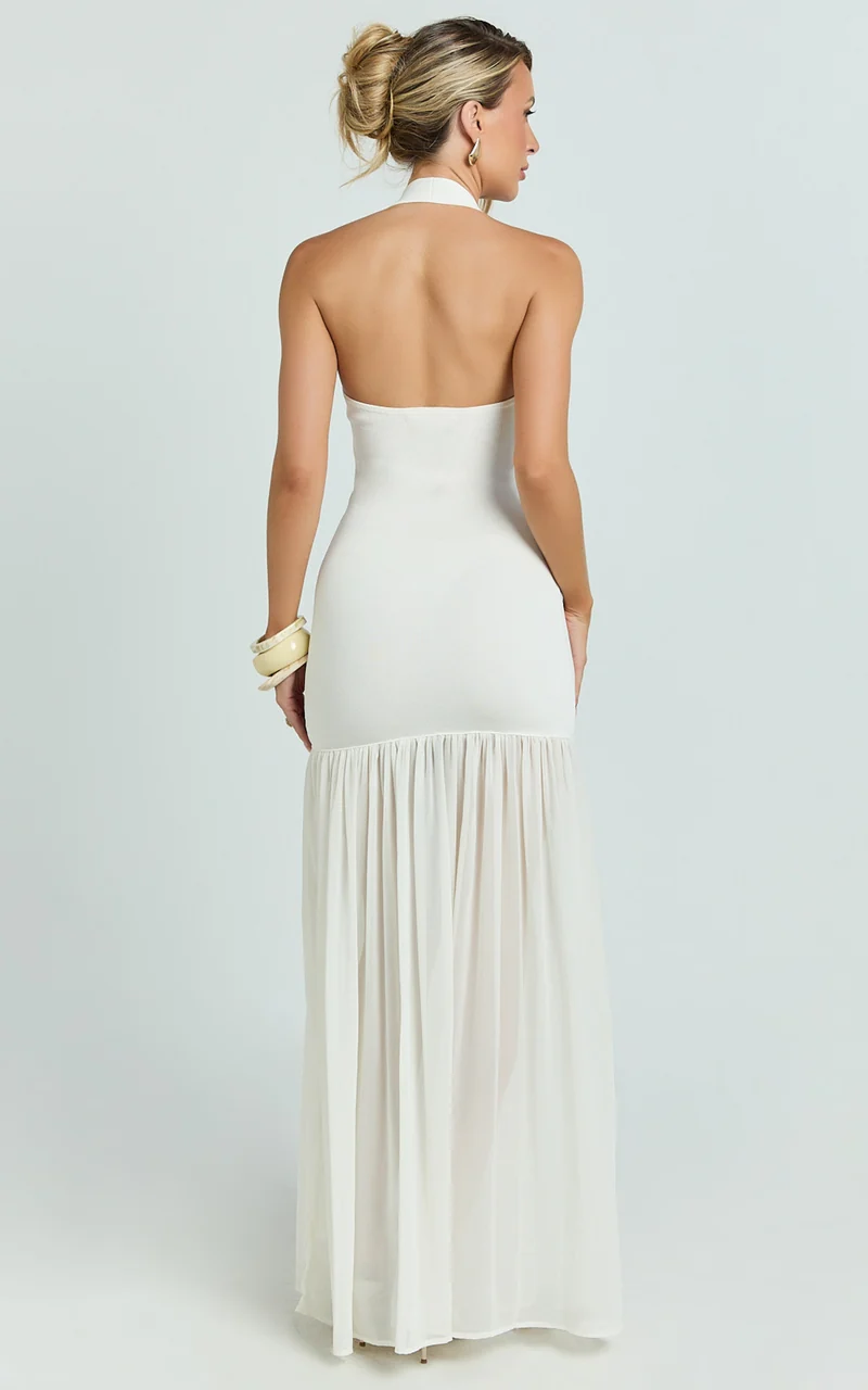 Barbara Maxi Dress - Halter Scoop Neck Contrast Georgette Dress in Ivory