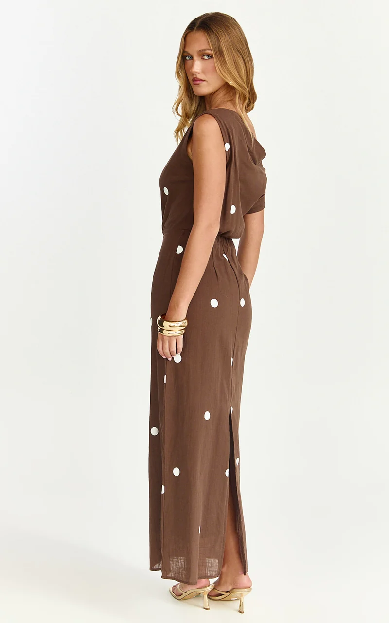 Cia Maxi Dress - Tipped Shoulder Linen Polkadot Dress in Chocolate