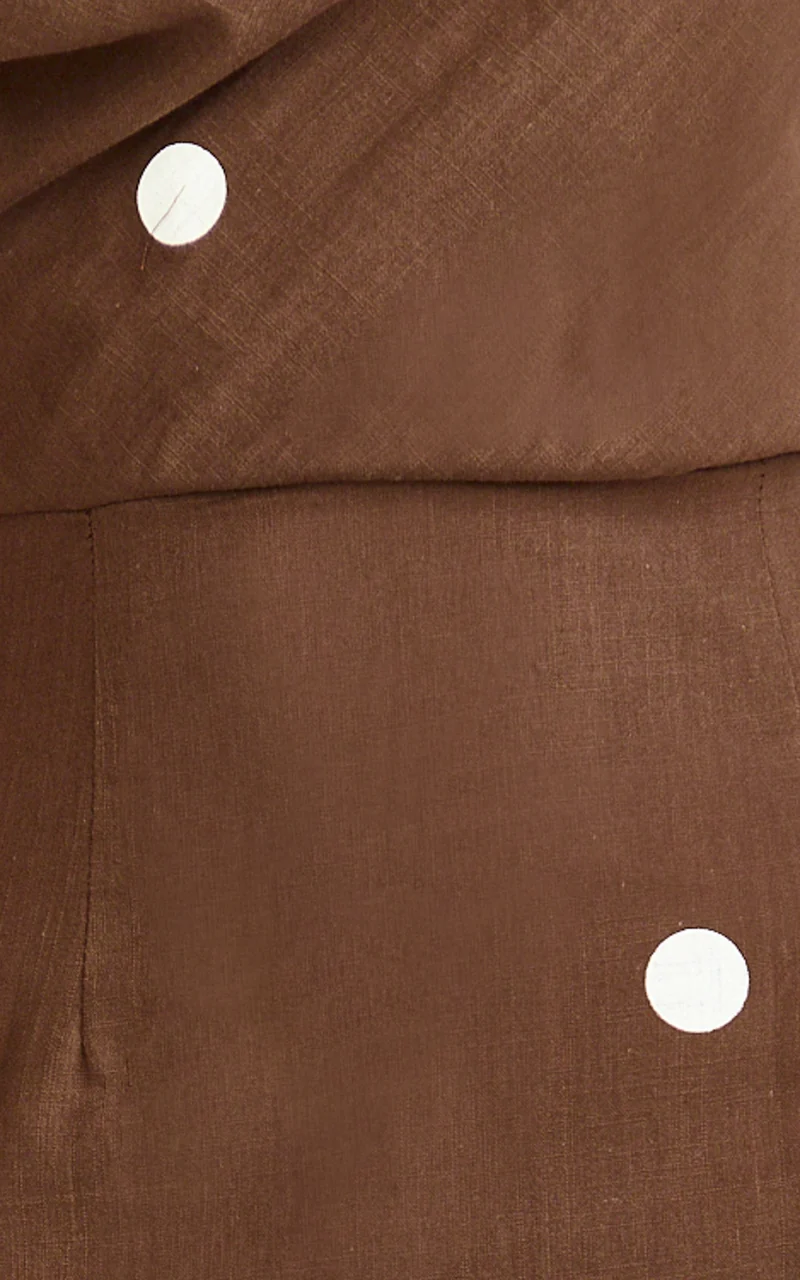 Cia Maxi Dress - Tipped Shoulder Linen Polkadot Dress in Chocolate