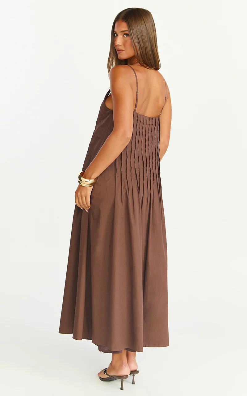 Estelle Maxi Dress - V Neck Pleated Dress in Chocolate