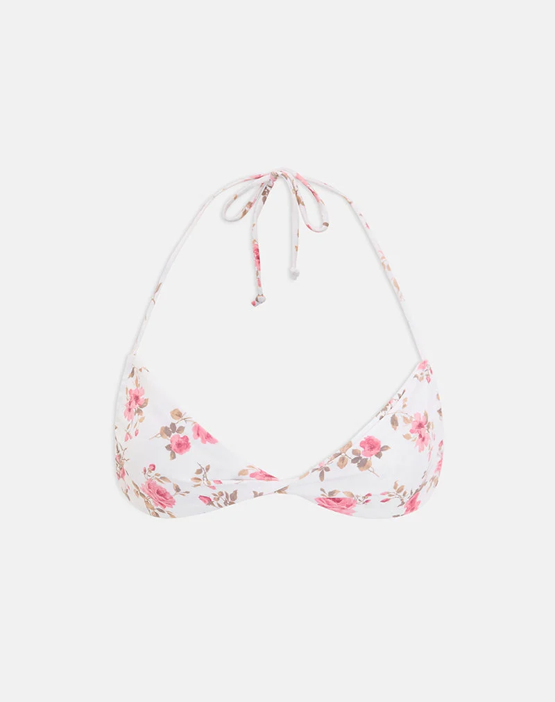 Haut de bikini Laufey blanc à motif floral rose