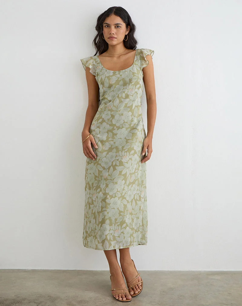 Robe midi Risala Scoop, vert pâle à fleurs