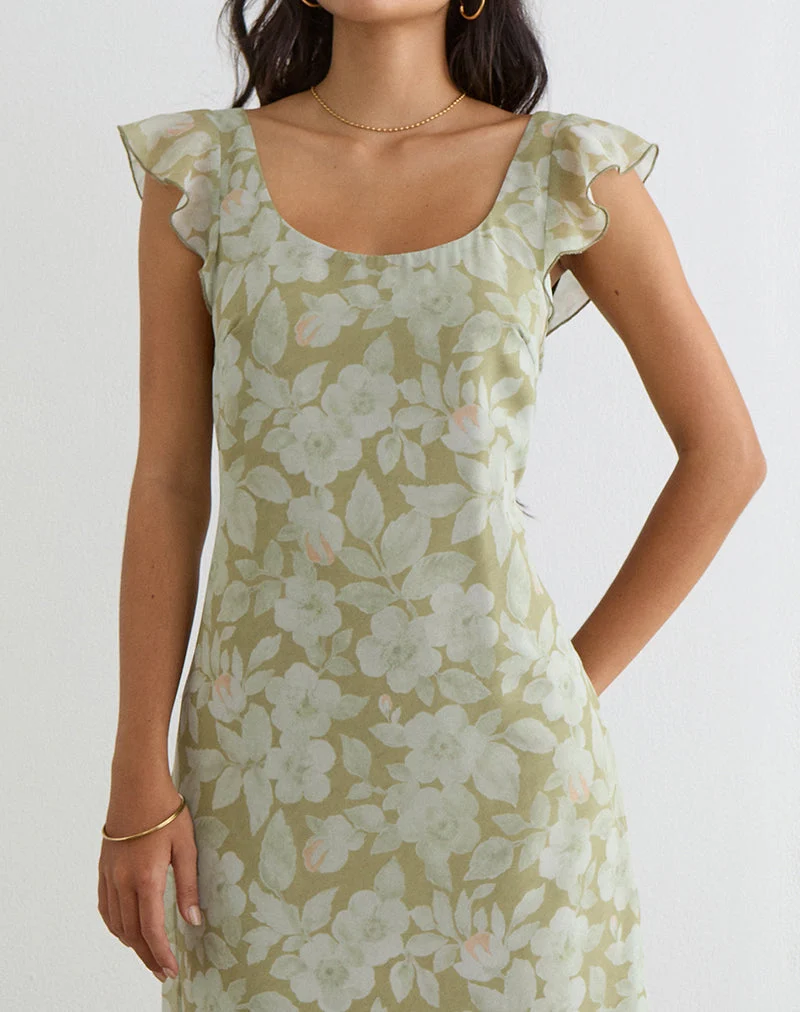 Robe midi Risala Scoop, vert pâle à fleurs