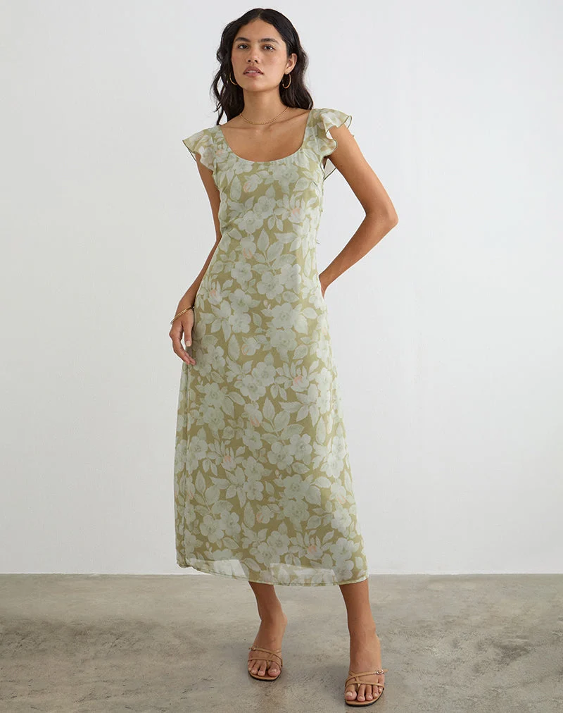 Robe midi Risala Scoop, vert pâle à fleurs
