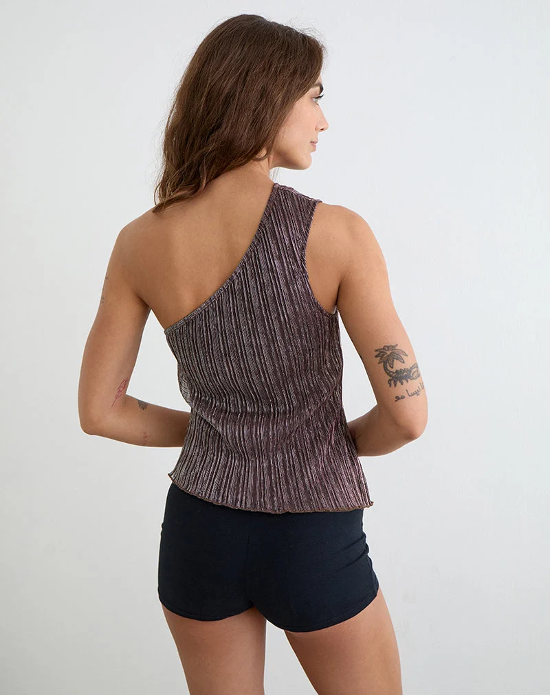 Haut asymétrique à une épaule Dirsa, modèle « Plissé » marron