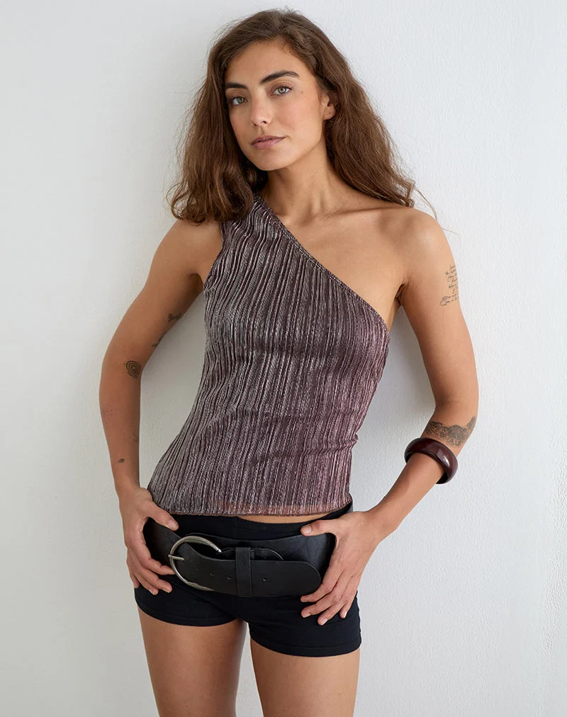Haut asymétrique à une épaule Dirsa, modèle « Plissé » marron