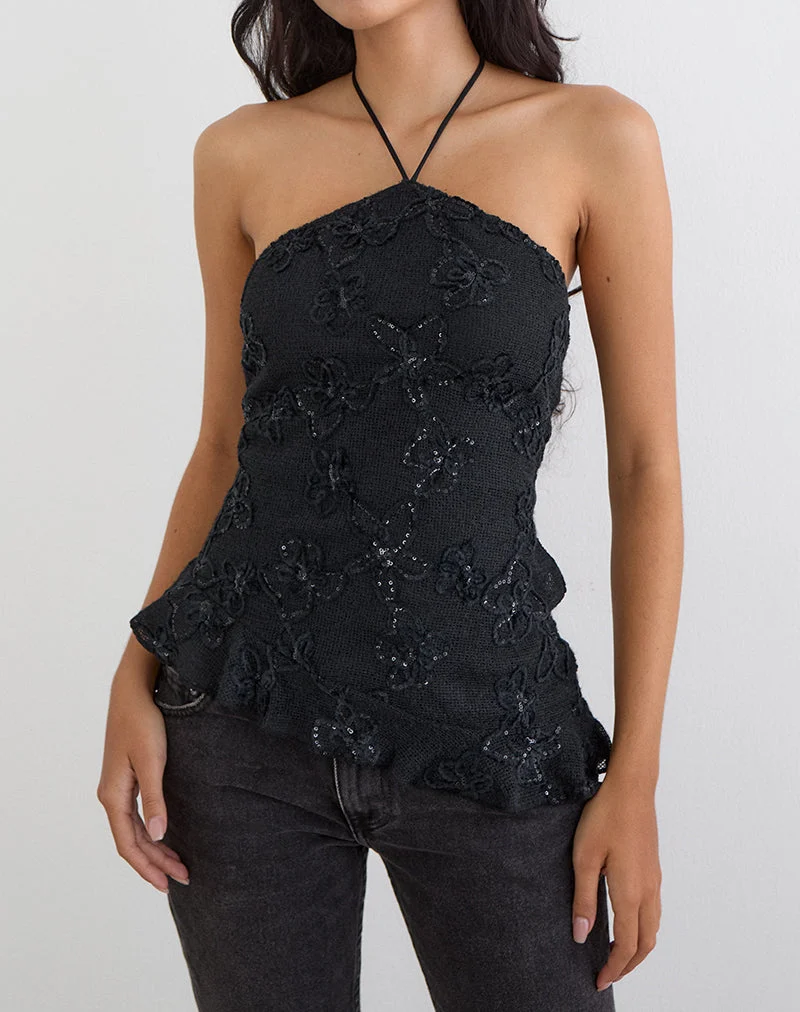 Halter-top Argeila en maille à paillettes, noir