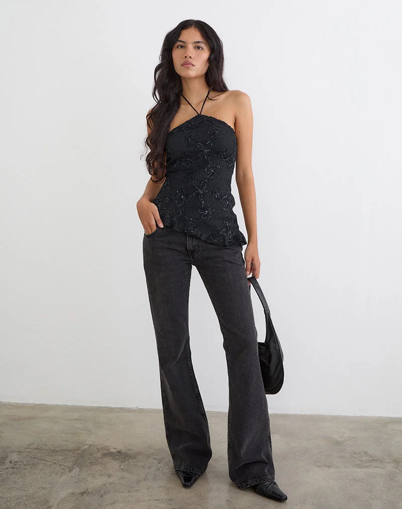 Halter-top Argeila en maille à paillettes, noir