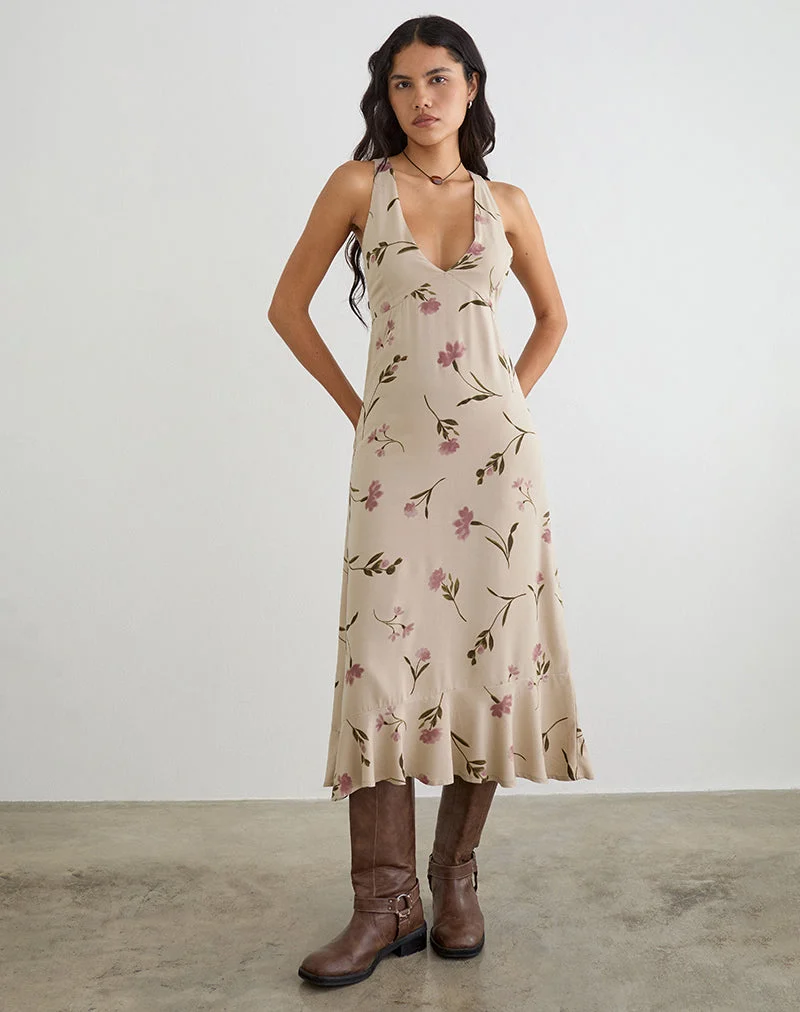 Robe midi Lisandy, motif « Bloom Leafy » couleur taupe
