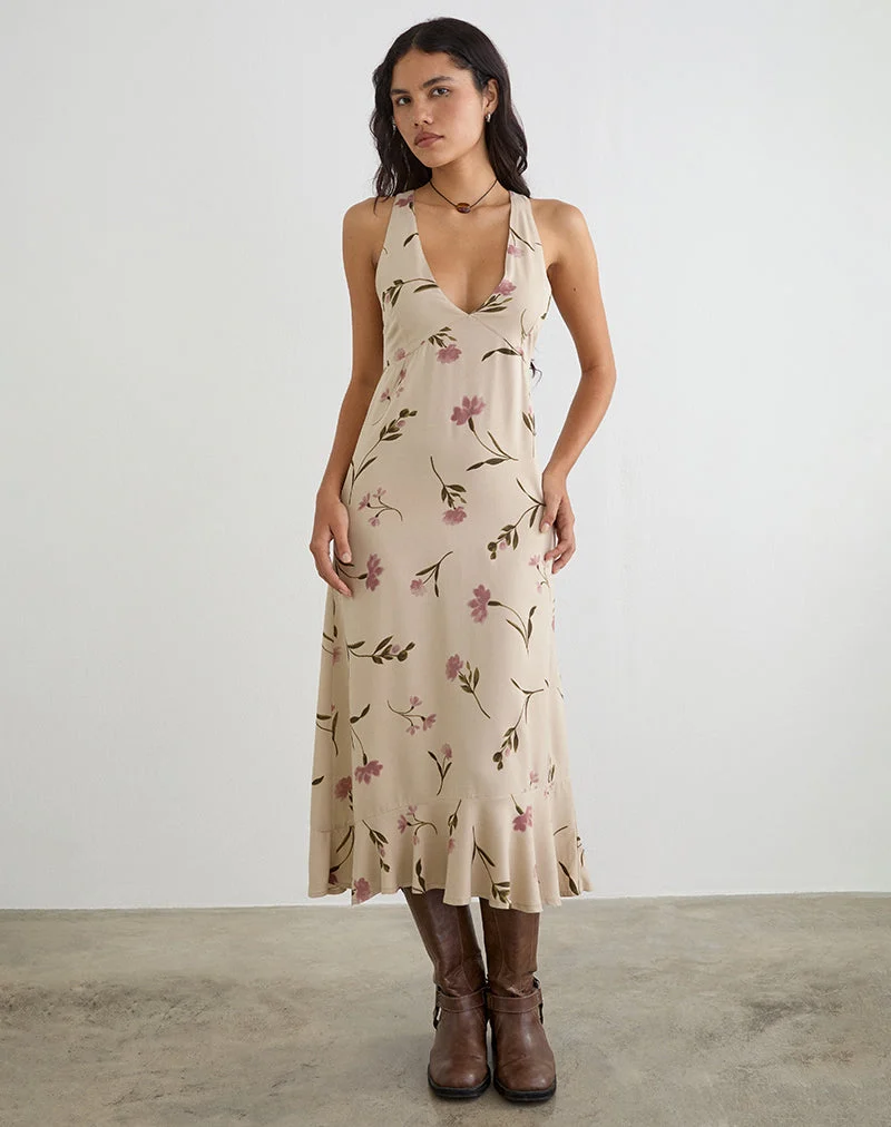 Robe midi Lisandy, motif « Bloom Leafy » couleur taupe
