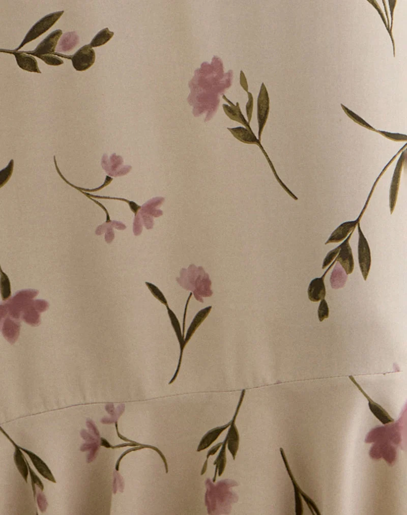 Robe midi Lisandy, motif « Bloom Leafy » couleur taupe