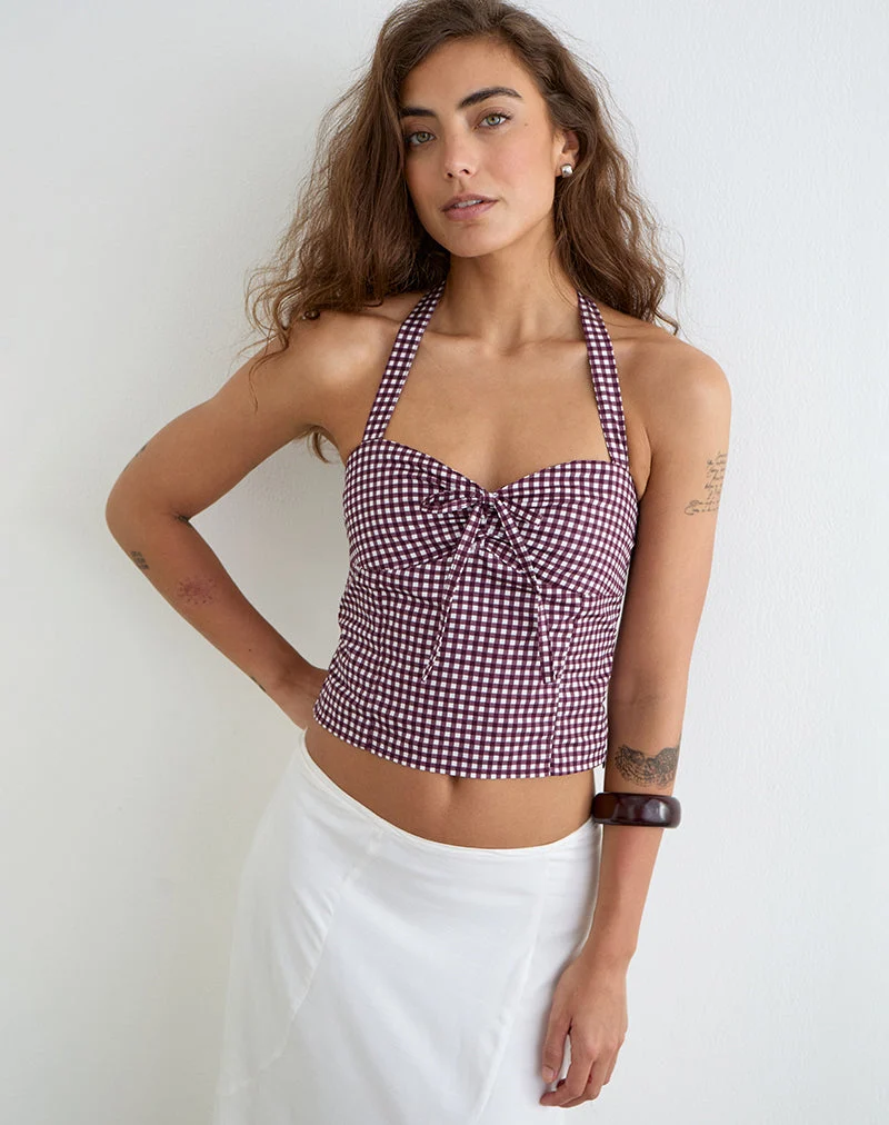 Haut à col licou Kampi, motif vichy mini, couleur vin
