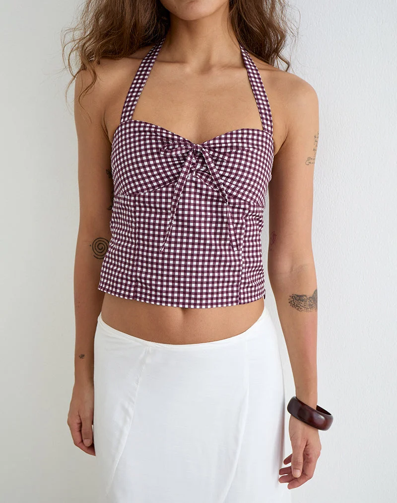 Haut à col licou Kampi, motif vichy mini, couleur vin