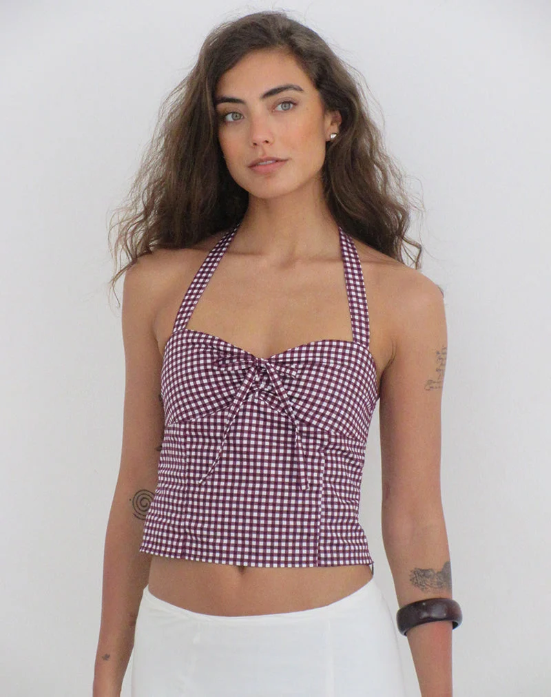 Haut à col licou Kampi, motif vichy mini, couleur vin