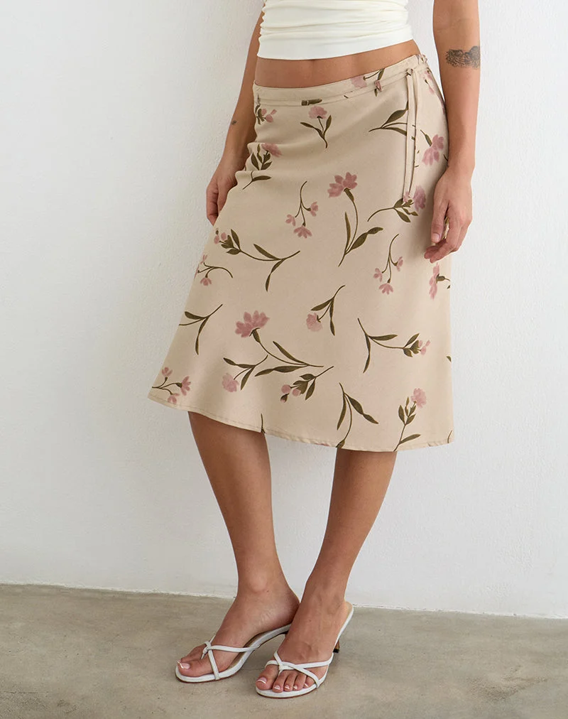 Jupe mi-longue Rohaya, motif « Bloom Leafy » couleur taupe
