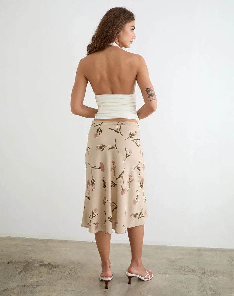 Jupe mi-longue Rohaya, motif « Bloom Leafy » couleur taupe