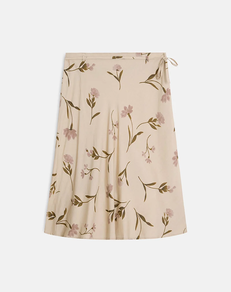 Jupe mi-longue Rohaya, motif « Bloom Leafy » couleur taupe