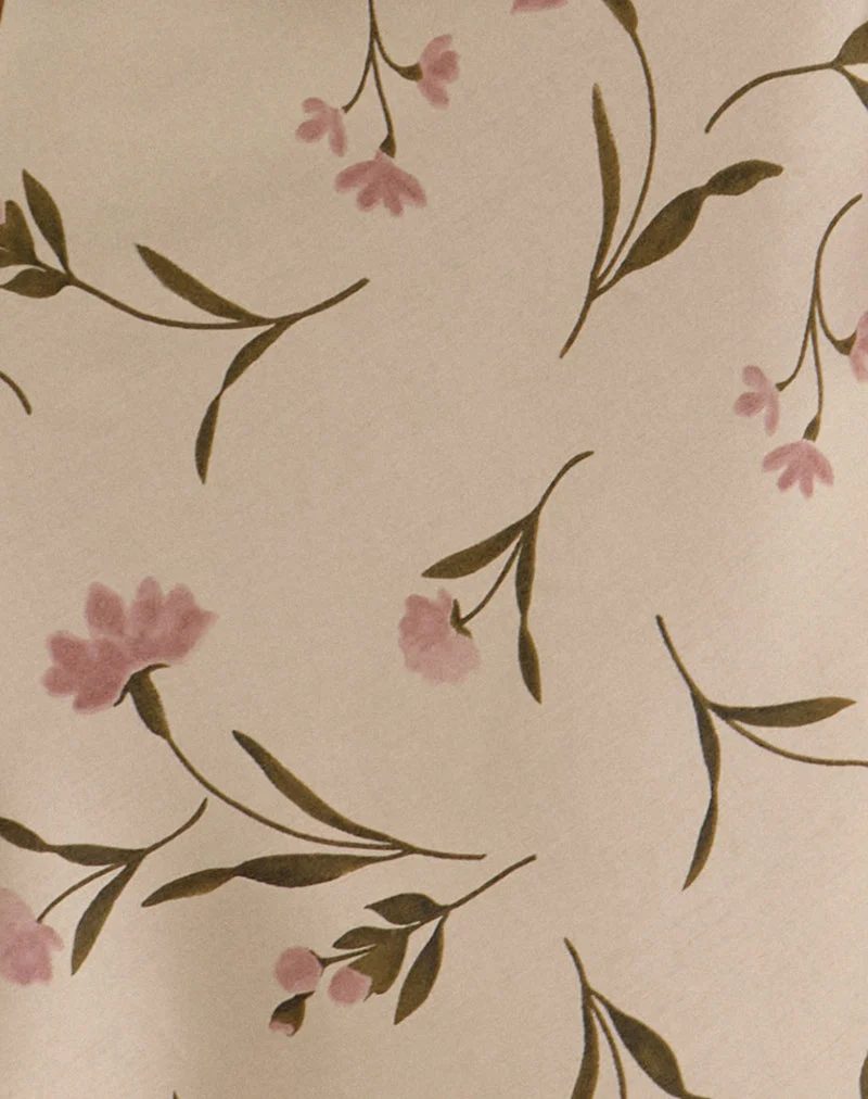 Jupe mi-longue Rohaya, motif « Bloom Leafy » couleur taupe