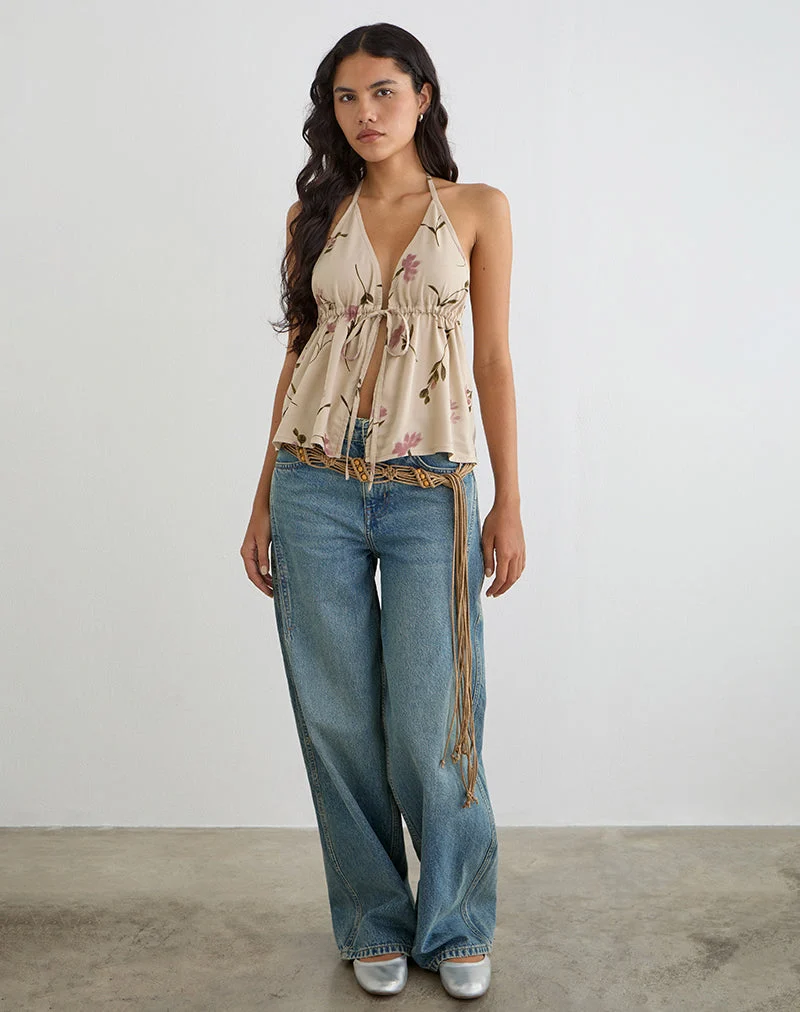 Haut à bretelles Yalova, motif « Bloom Leafy », couleur taupe