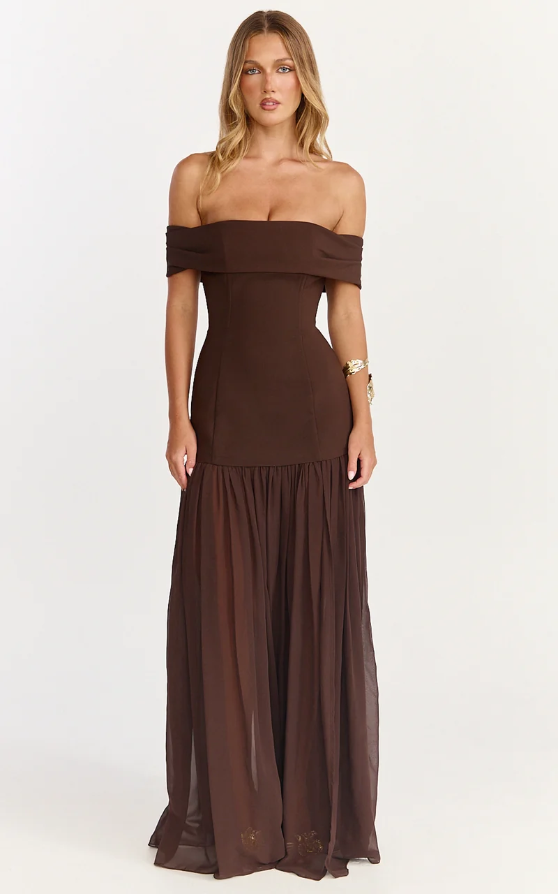 Florence Maxi Dress - Off Shoulder Sheer Skirt Dress in Chocolate
