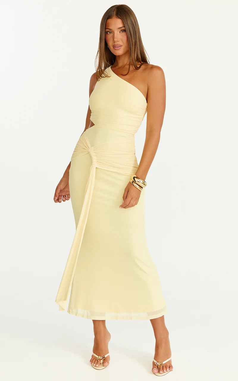 Mandy Midi Dress - Knot Detail Cut Out Mesh Dress in Lemon