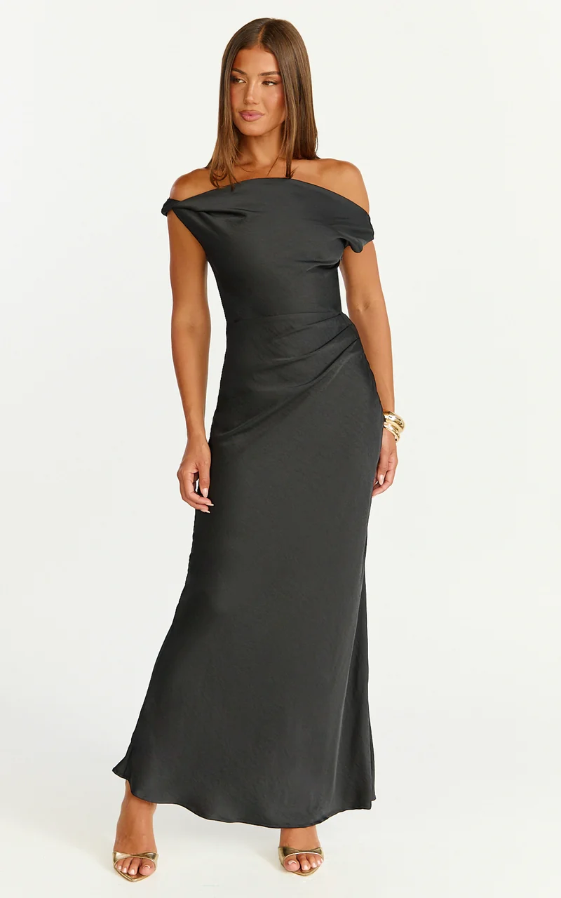 Lira Maxi Dress - One Shoulder Satin Dress in Black