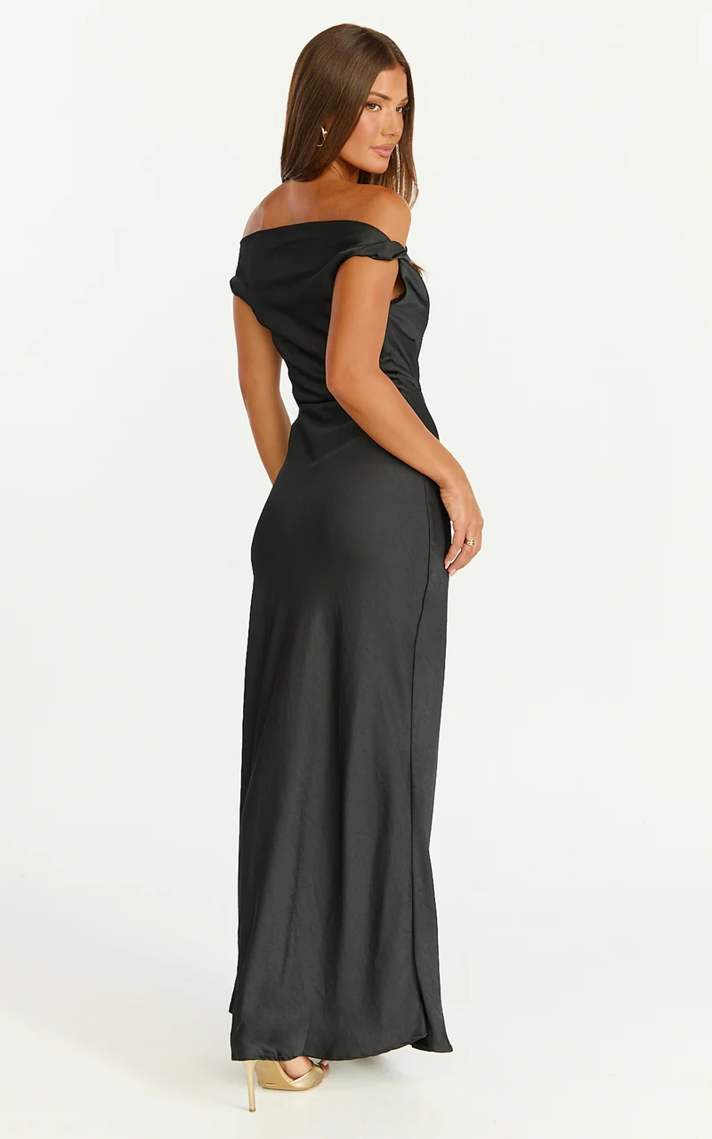 Lira Maxi Dress - One Shoulder Satin Dress in Black