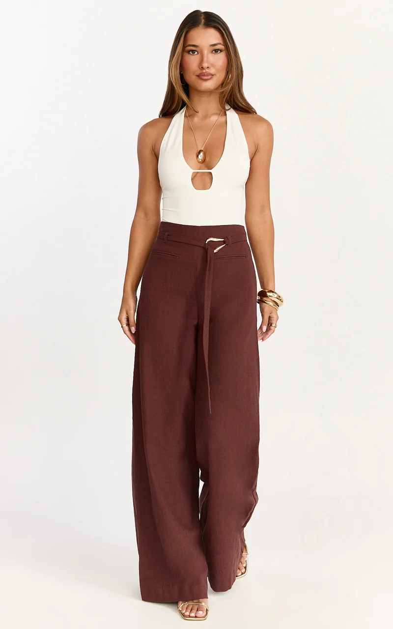 Kyra Pants - Linen Look Belted Wide Leg Pants in Chocolate