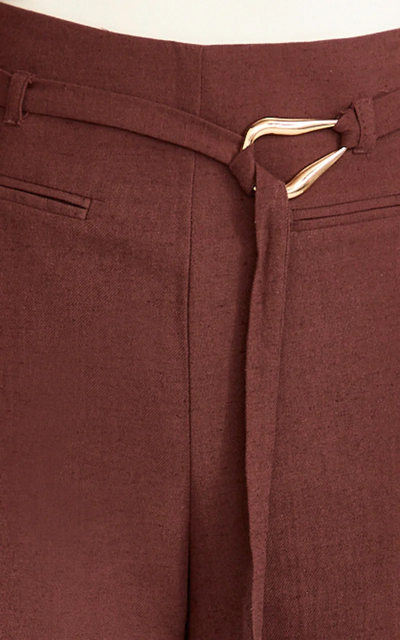 Kyra Pants - Linen Look Belted Wide Leg Pants in Chocolate