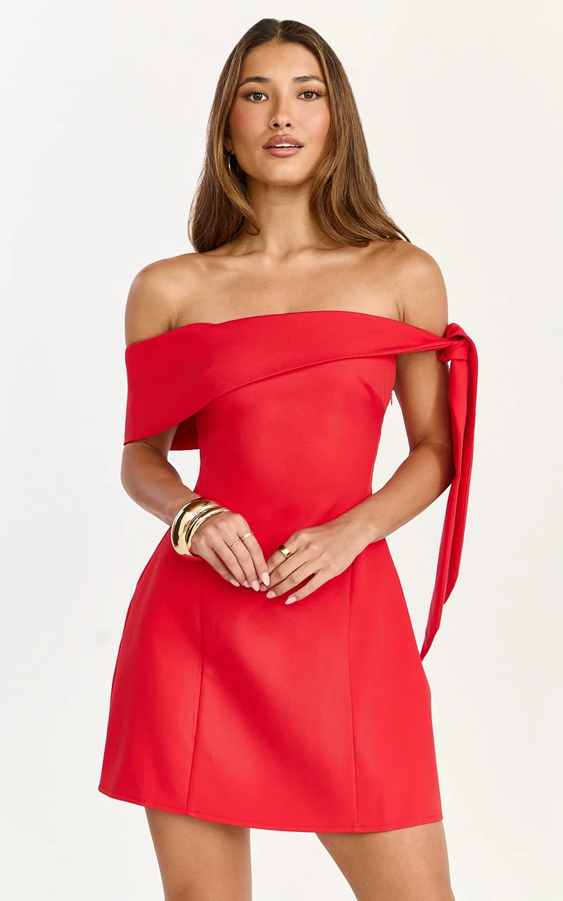 Cecilia Mini Dress - Off Shoulder Tie Detail Dress in Red