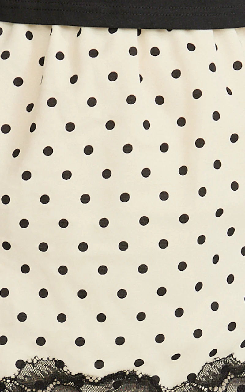 Alba Mini Skirt - Lace Trim Skirt in White/Black Polka