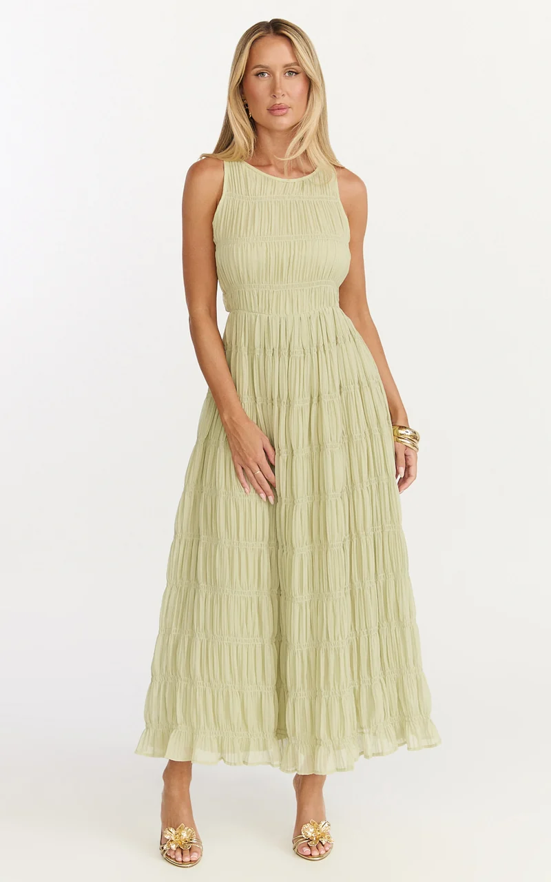 Paloma Midi Dress - Ruched Shift Dress in Sage