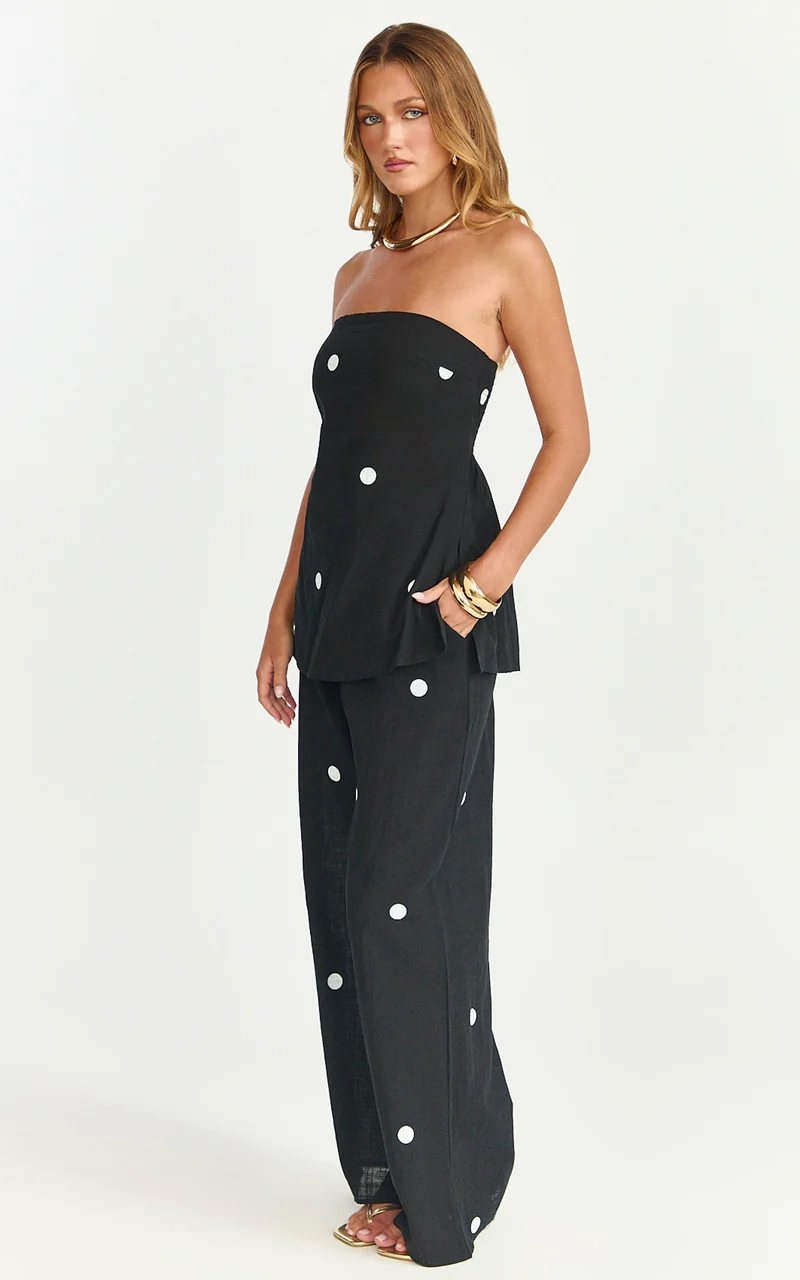 Skye Two Piece Set - Strapless Longline Top and Pant Set in Black Polka Dot