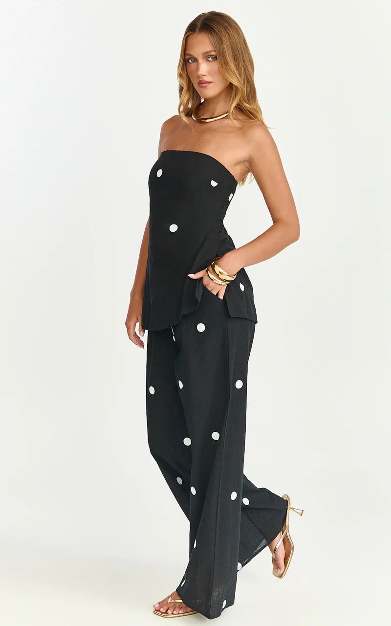 Skye Two Piece Set - Strapless Longline Top and Pant Set in Black Polka Dot