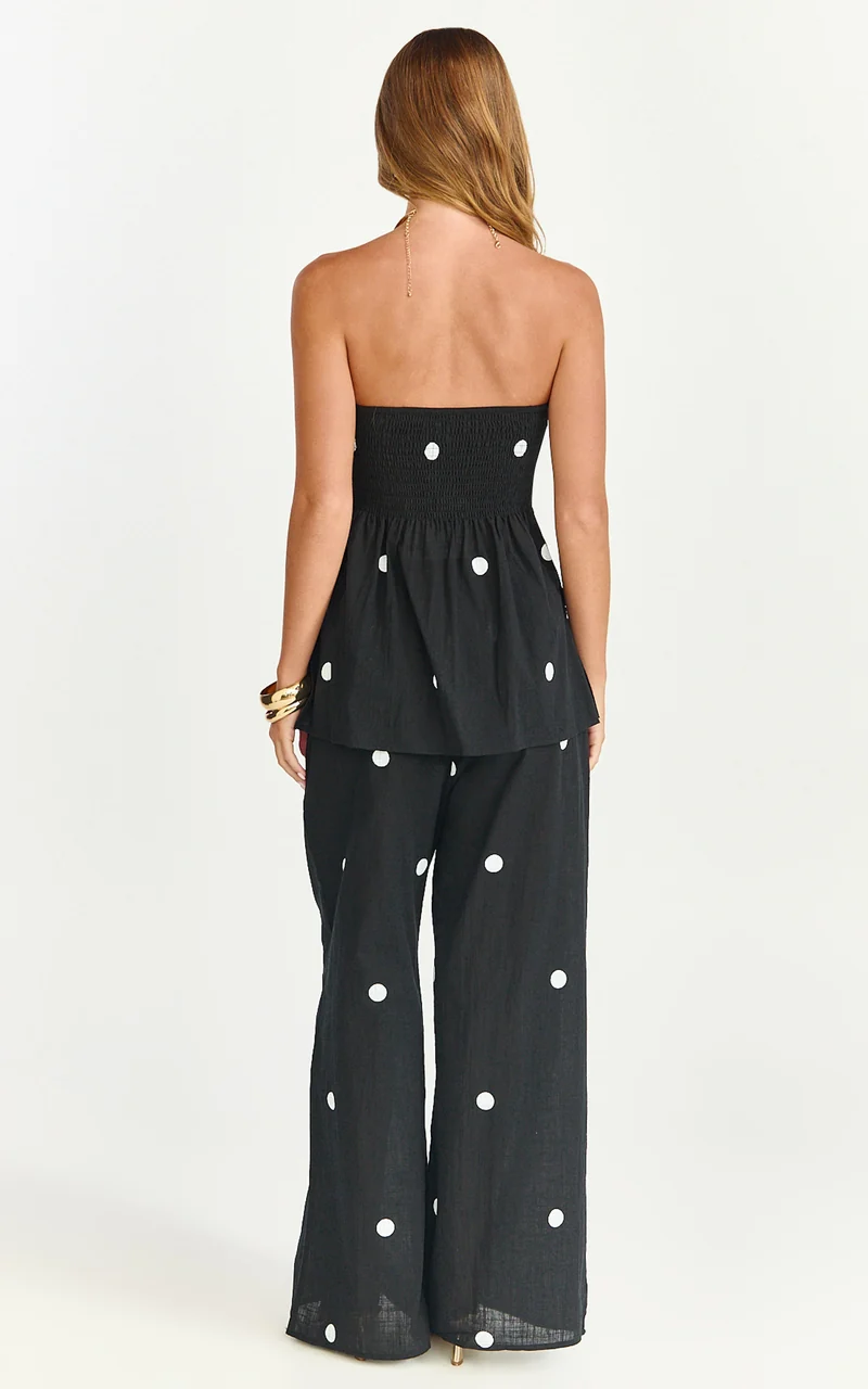 Skye Two Piece Set - Strapless Longline Top and Pant Set in Black Polka Dot