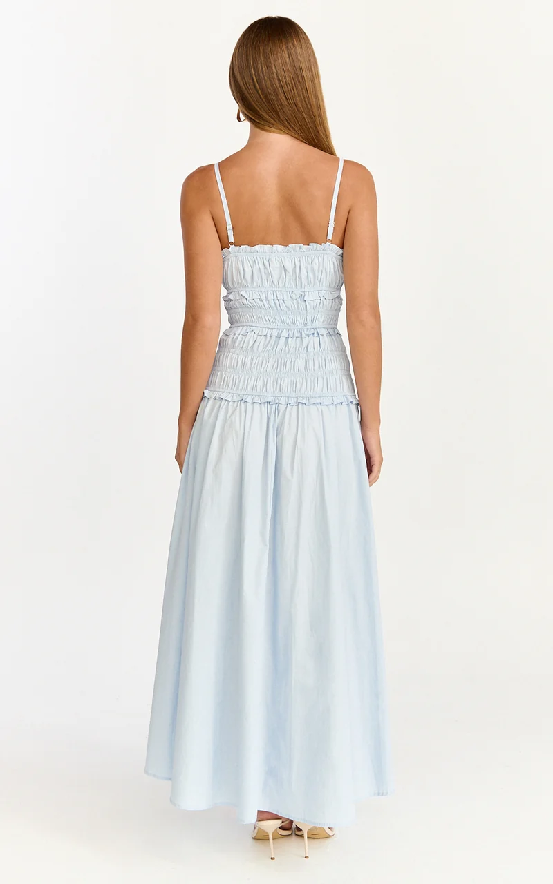 Cami Midi Dress - Rushed Bodice Dress in Blue