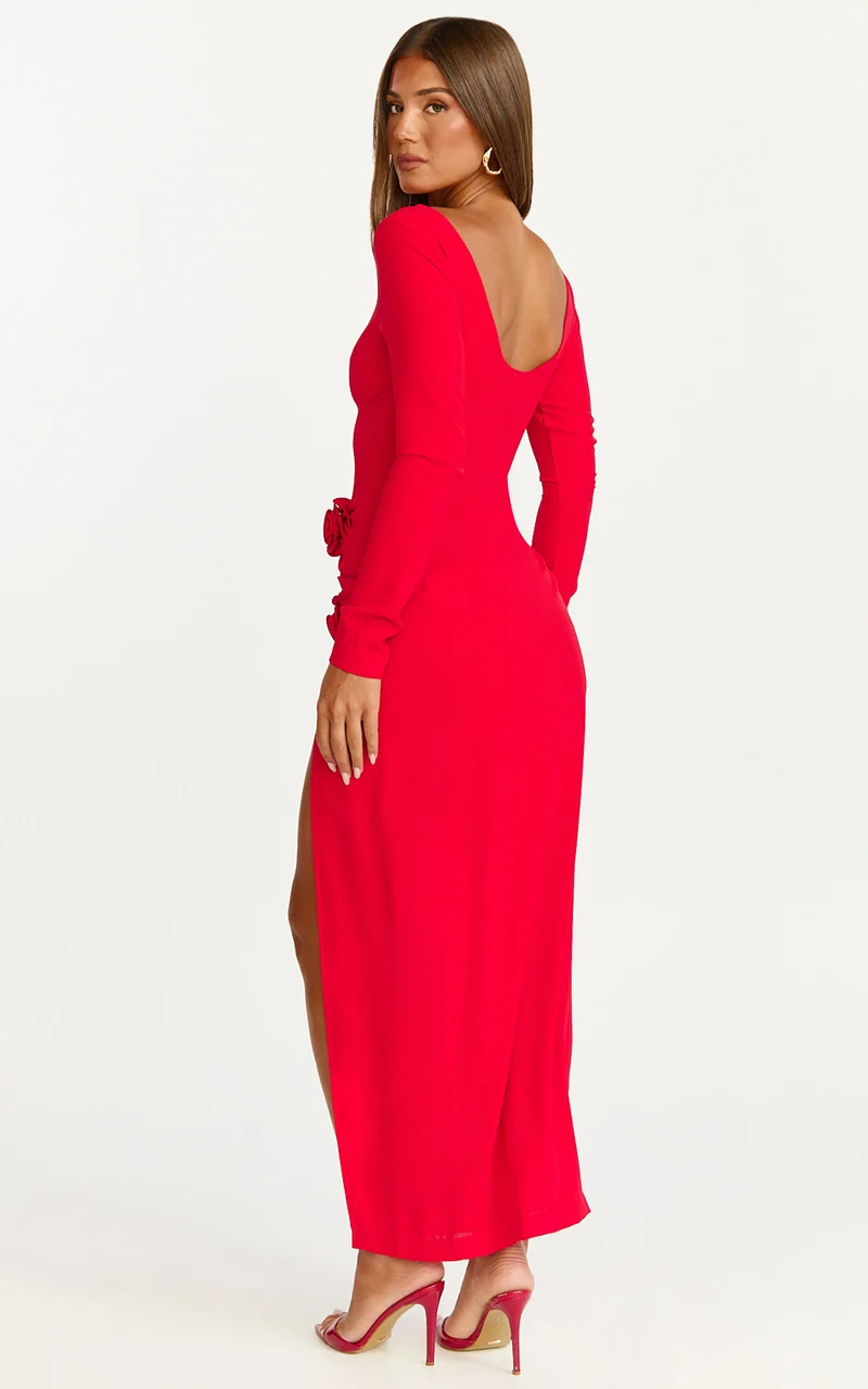 Vivienne Midi Dress - Boat Neck Long Sleeve Rosette Detail Dress in Red