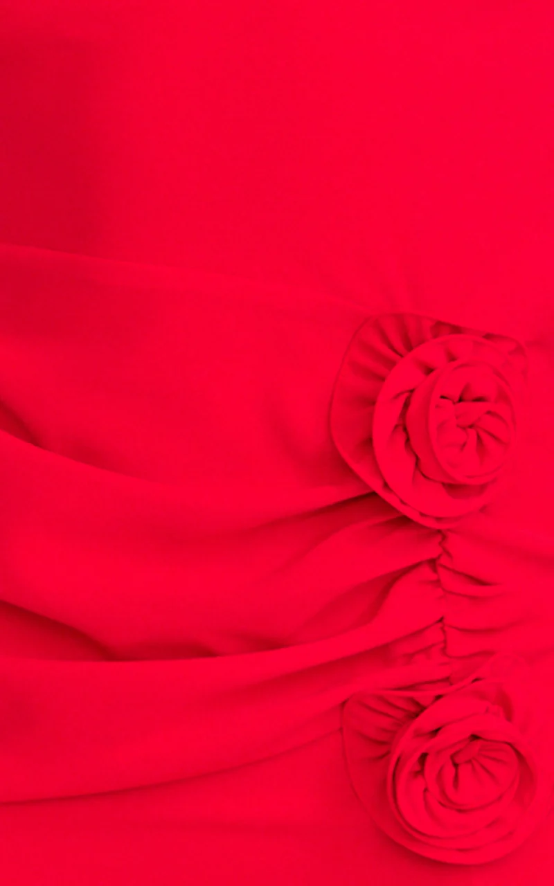 Vivienne Midi Dress - Boat Neck Long Sleeve Rosette Detail Dress in Red