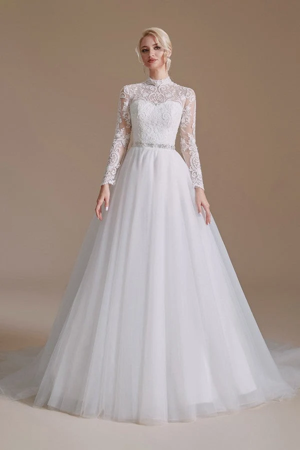 Robe de mariée élégante coupe trapèze, col haut, manches longues, avec dentelle en tulle