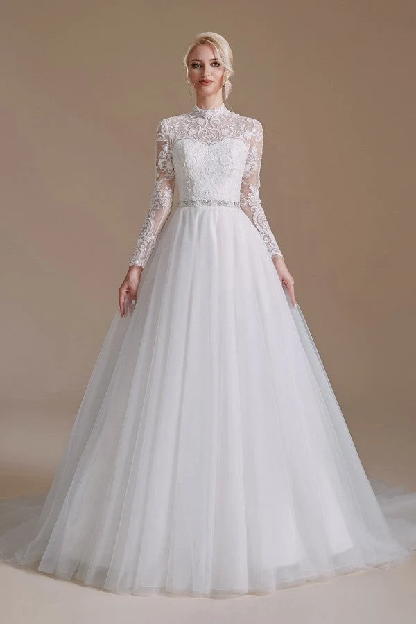 Robe de mariée élégante coupe trapèze, col haut, manches longues, avec dentelle en tulle