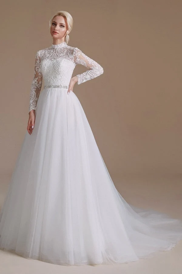 Robe de mariée élégante coupe trapèze, col haut, manches longues, avec dentelle en tulle