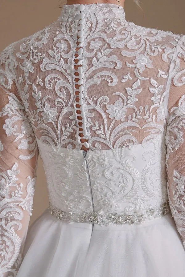 Robe de mariée élégante coupe trapèze, col haut, manches longues, avec dentelle en tulle